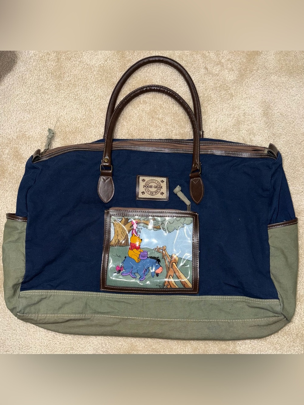 Vintage Winnie the Pooh Gear Duffel Bag Blue Green Travel Weekender Disney